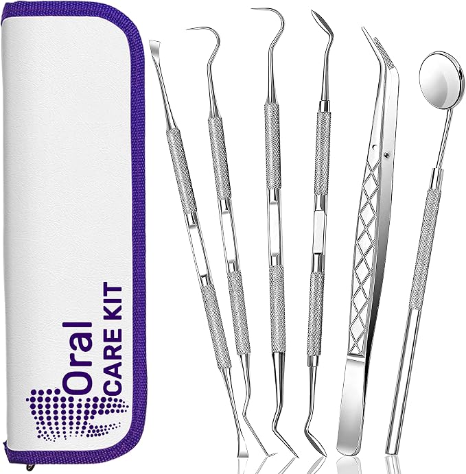 Oral Care Kit for Personal Use 6Pcs Set with Mirror, Tweezers, and Interdental Picks for Food Debris Removal - Home & Travel Use