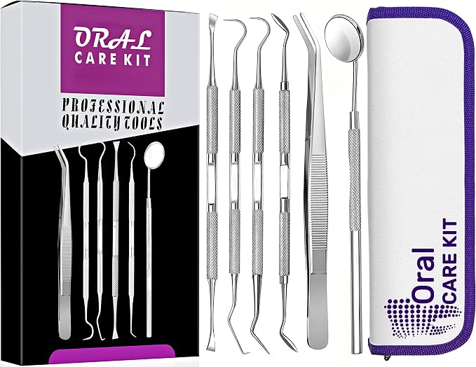 Oral Care Kit for Personal Use 6Pcs Set with Mirror, Tweezers, and Interdental Picks for Food Debris Removal - Home & Travel Use